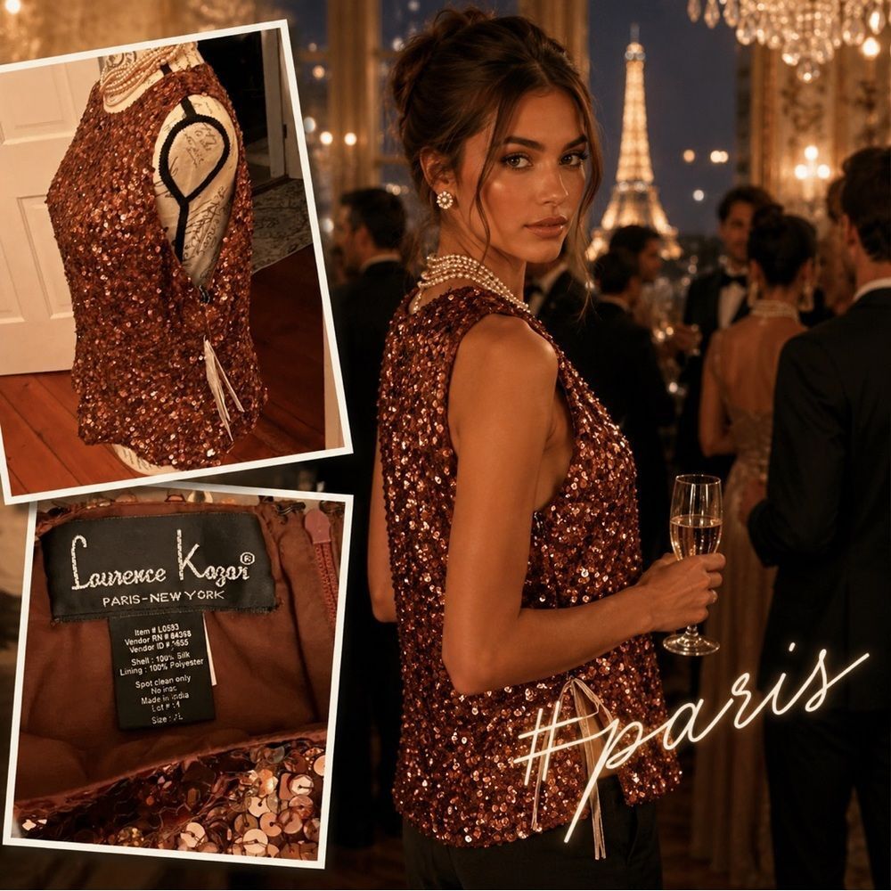 NWT Sz XL Laurence Kazar Paris NY 100% Silk Bronze Formal Top W/Sequin beading!